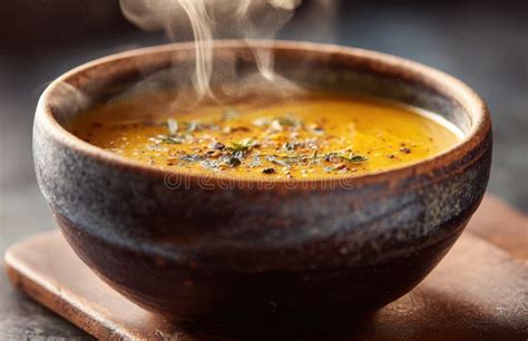Thematic photo of a steaming bowl of lentil soup with fresh herbs