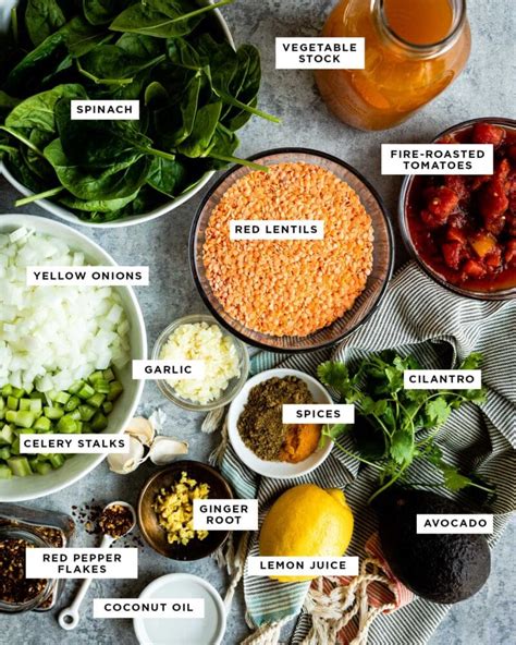Infographic or collage of all the fresh ingredients for lentil soup