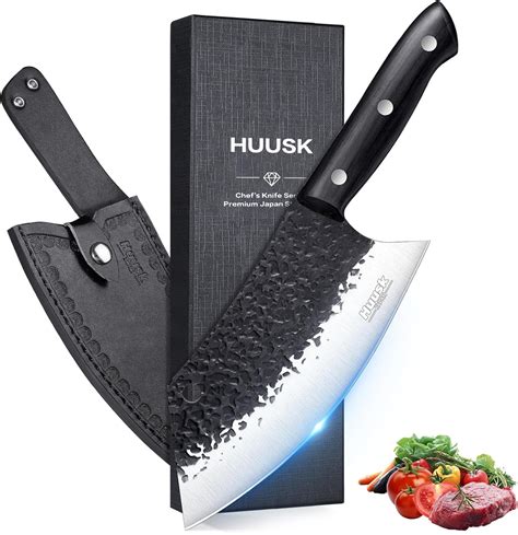 Thematic photo of a high-quality butcher knife on a cutting board with meat