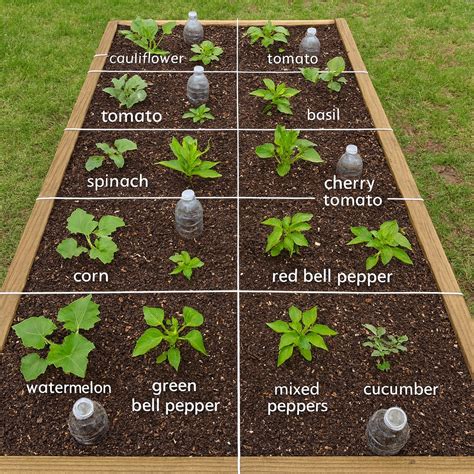 Illustration of planting bell pepper seedlings in a prepared bed with companion plants