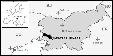 Zemljevid Vipavske doline z označenimi lokacijami ključnih dvorcev in kulinaričnih točk