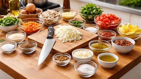 Fotografija vseh sestavin, pripravljenih za kuhanje (mise en place)