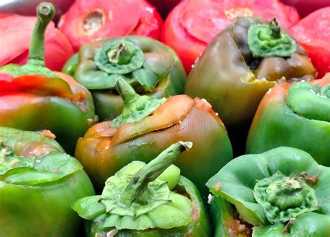 Thematic photo of freshly prepared stuffed peppers in a pot