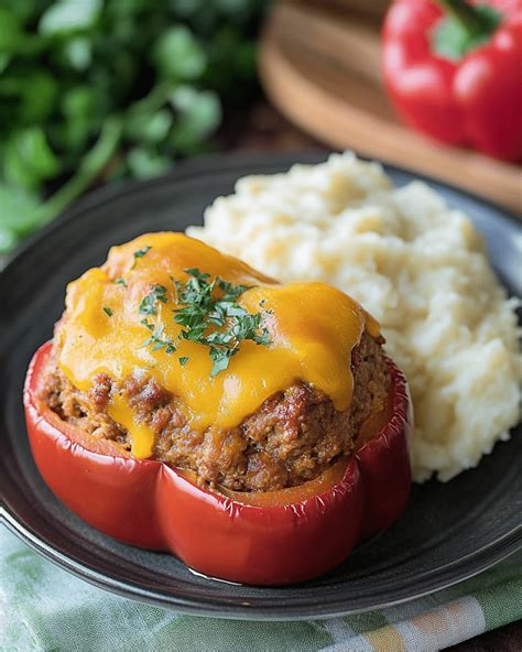 Serving suggestion photo of stuffed peppers with mashed potatoes and sour cream