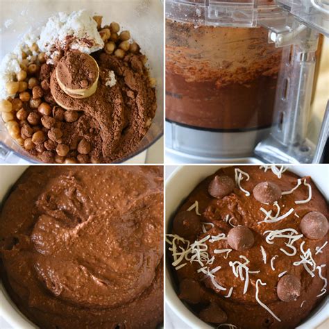 The process of blending chickpeas, peanut butter, maple syrup, and vanilla extract for the chickpea squares. A bowl with the blended mixture before adding chocolate chips.