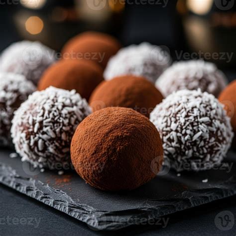 Thematic photo of rum balls arranged on a platter, with some dusted with coconut and others with cocoa