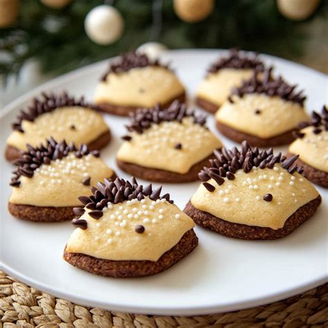 The process of making hedgehog cookies, showing ingredients and steps
