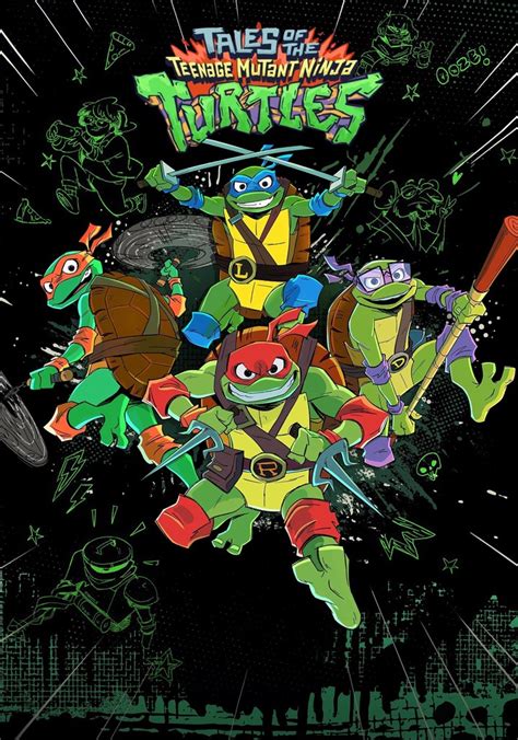 Ilustracija Ninja želv, ki jedo pico, z logotipom Turtles Pizza.
