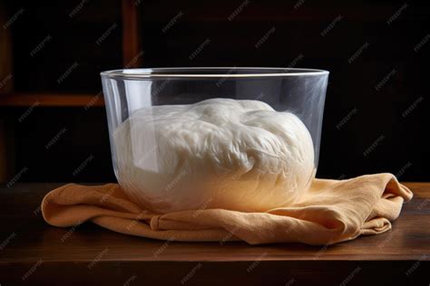 Thematic photo of pizza dough rising in a bowl in the refrigerator