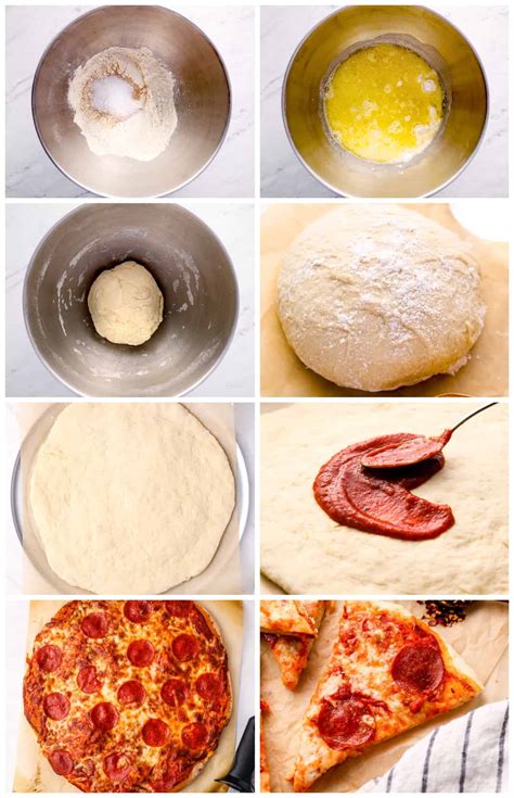 Infographic showing step-by-step hand-stretching of pizza dough