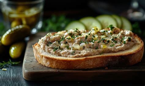 Thematic photo of tuna spread on bread, garnished with fresh herbs