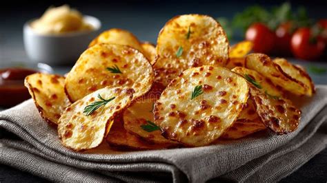 Photo of crispy potato chips with herbs.