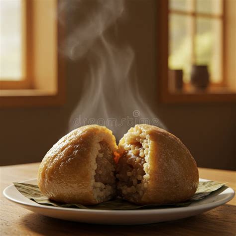 A photo of a steaming hot, freshly cooked bread dumpling on a plate