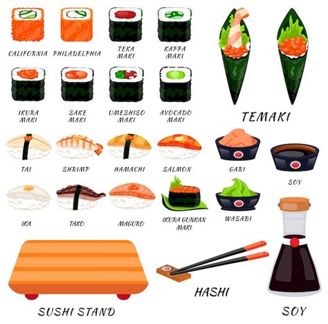 Infografika, ki prikazuje različne vrste sušija (maki, nigiri, temaki)