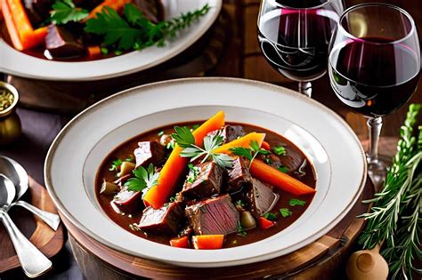 Thematic photo of a rustic table setting with a pot of braised venison stew and a glass of red wine.