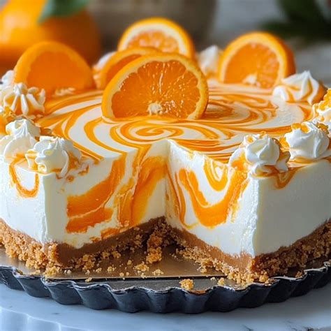 Thematic photo of a no-bake orange cheesecake on a serving plate