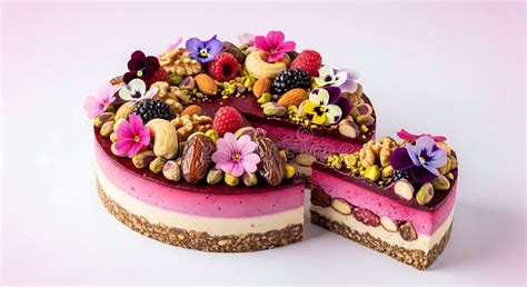 Image of a raw vegan cake decorated with fresh fruit and edible flowers