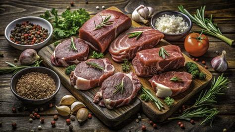 Thematic photo of fresh meat cuts and cooking ingredients
