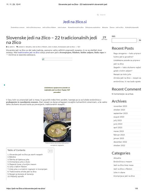 Infografika, ki prikazuje izbor tradicionalnih slovenskih jedi, omenjenih v članku (npr. goveji jezik, žolca, telečja obara, štruklji).