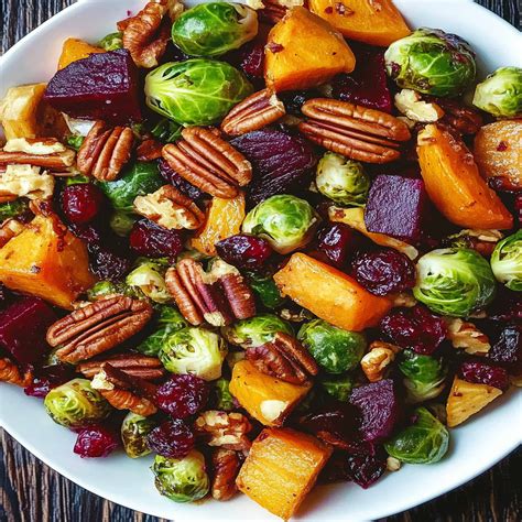 Thematic photo of an autumn salad with Brussels sprouts and chestnuts