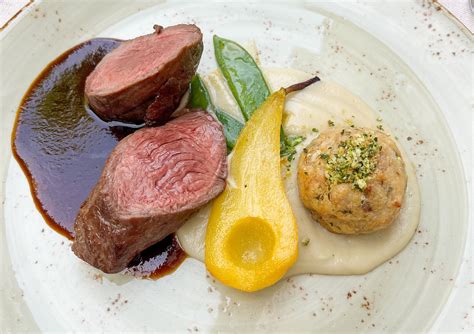 prikaz lepo postrežene jedi, npr. jelenov file z omako