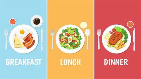 Infographic showing different types of healthy meals (breakfast, lunch, dinner, snack) with icons for various dietary preferences (keto, vegan, gluten-free, etc.).