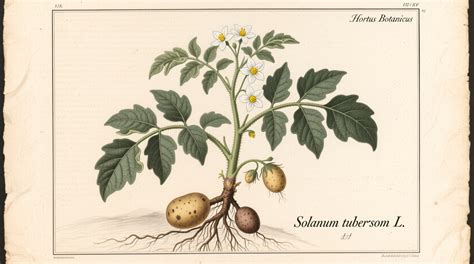 Botanična skica rastline Solanum tuberosum s prikazom koreninskega sistema in gomoljev.