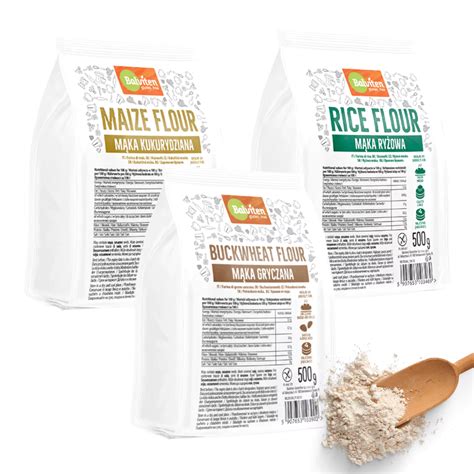 Ilustracija različnih vrst brezglutenskih mok in pripravljenih droži