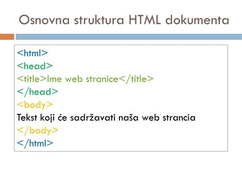 Skeletna struktura HTML dokumenta: html, head, body