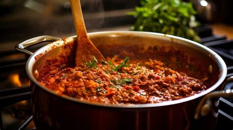 Photo of Bolognese sauce simmering in a pot