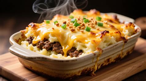 Photo of a baked casserole with Bolognese and mashed potatoes, golden brown on top