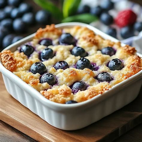 Photo of a baked blueberry cottage cheese cake in a baking dish