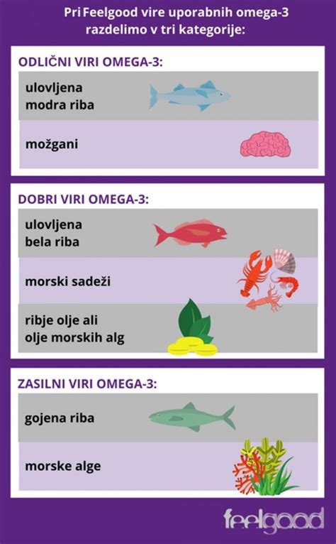 Infografika o virih omega-3 maščobnih kislin v prehrani nosečnic