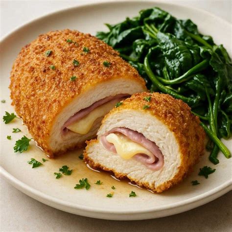 Prikaz končnega krožnika s piščančjim Cordon Bleu in svežo krompirjevo solato