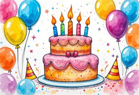 Risba vesele torte s svečkami, baloni in konfeti.