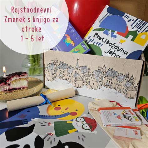 Risba mame z otroki ob rojstnodnevni torti, baloni in darili.