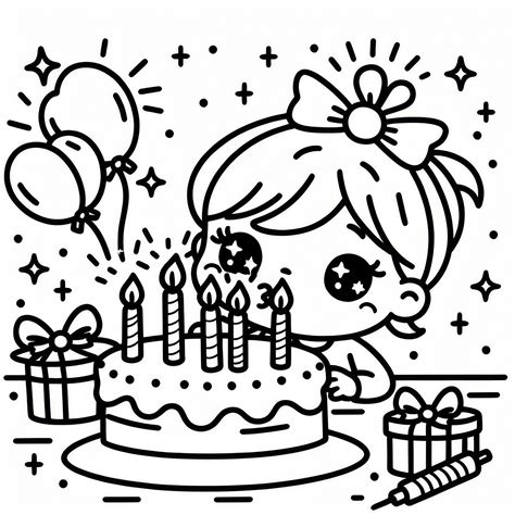 Risba deklice v princesini obleki s krono, rojstnodnevno torto, baloni in plišastimi igračami.