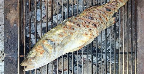 Fotografija ribjih filejev, ki se pečejo na žaru, s poudarkom na hrustljavi koži.