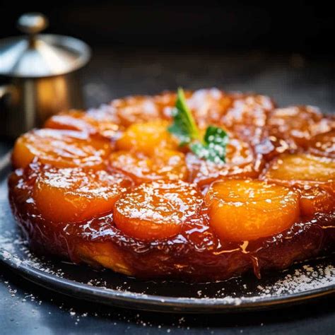 Slika postrežene tarte Tatin s kepico vanilijevega sladoleda
