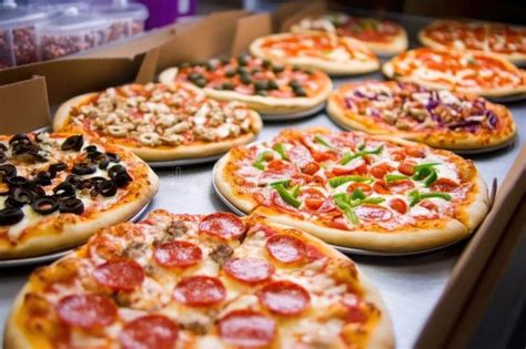 Thematic photo of various delicious pizzas in a restaurant setting