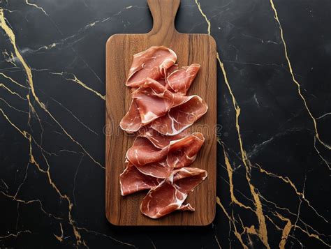 Delicately sliced prosciutto on a wooden board