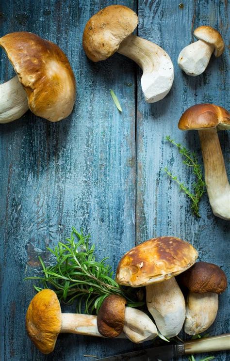 Thematic photo of fresh porcini mushrooms on a wooden table, possibly with some herbs or ingredients for risotto.