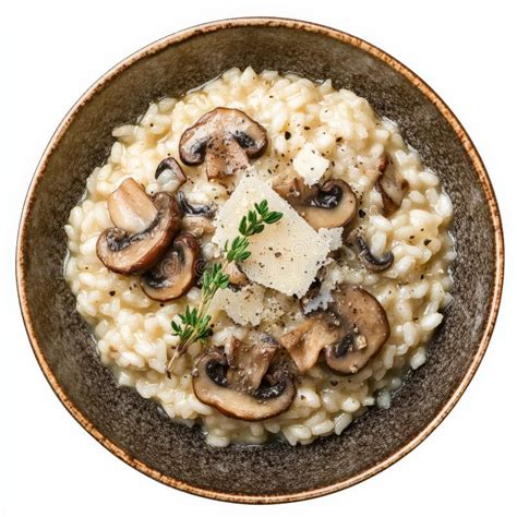 Photo of a freshly plated creamy porcini risotto, garnished with parsley and parmesan.