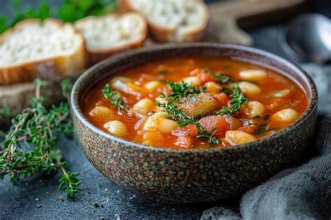 A bowl of stewed beans with bell peppers and tomatoes, garnished with fresh herbs, served with crusty bread