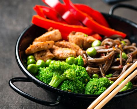 Prikaz narezanih sestavin za wok: piščanec, korenje, paprika, brokoli, čebula