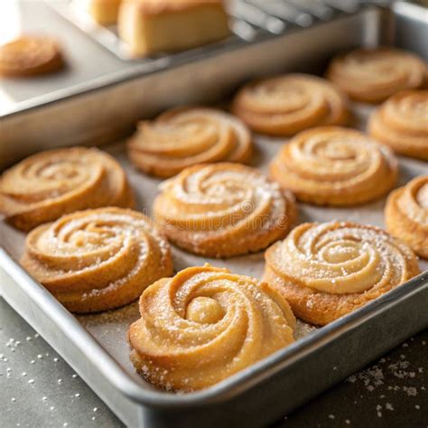 Thematic photo of golden-brown yeast curd rolls on a baking sheet, sprinkled with powdered sugar