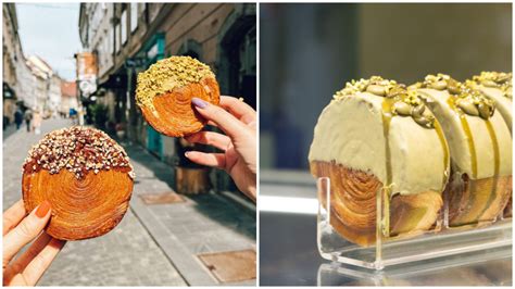 Fotografija razkošnih francoskih slaščic in pisanih sladoledov v vitrini Fetiche Patisserie