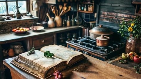 Thematic photo of a rustic kitchen with an old cookbook and ingredients for cooking liver