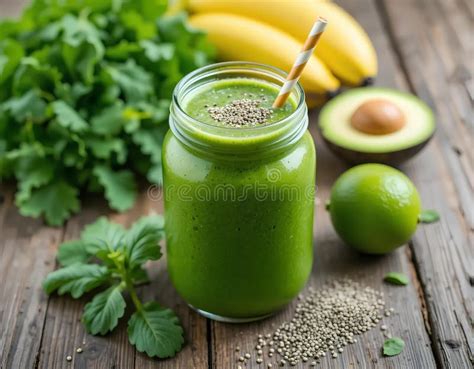 Thematic photo of a vibrant green smoothie in a glass with fresh ingredients like spinach, kale, and fruit around it.