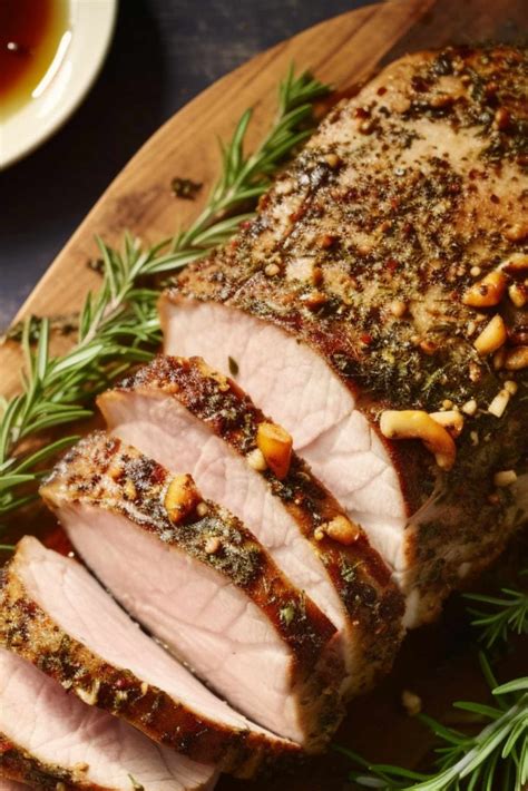 Thematic photo of a roasted pork loin or beef roast, golden brown, with herbs and vegetables.